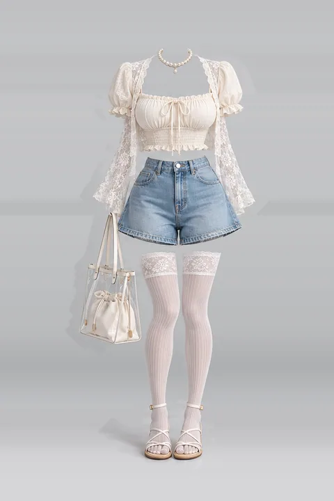 クリーム色・デニム・ショートパンツ・レース・ソックス・サンダル
