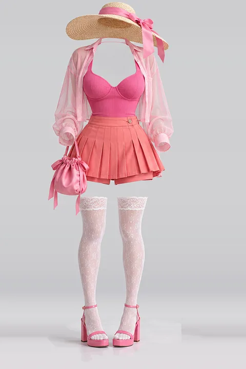 ピンク・プリーツ・ミニ丈・スカート・ショートパンツ・シャツ