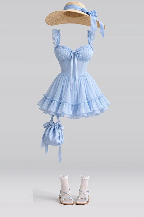 青・リボン・フリル・プリーツ・ワンピース・白