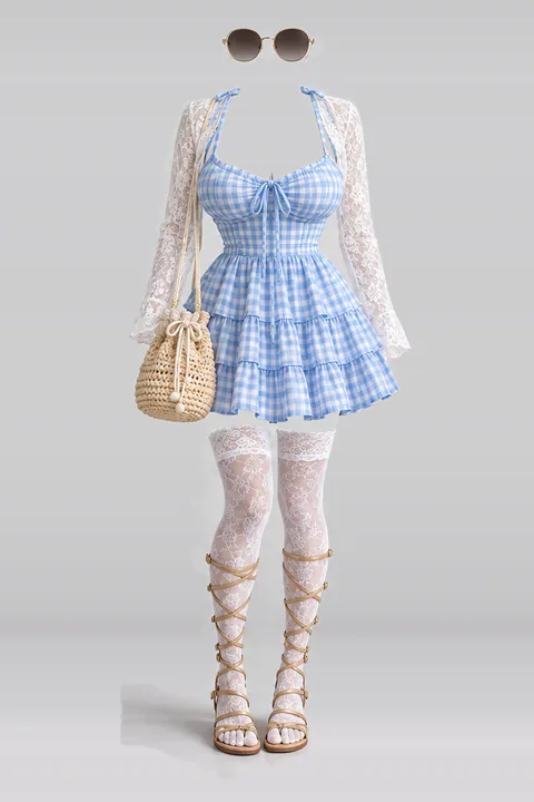 Blue dress lace socks sandals bag