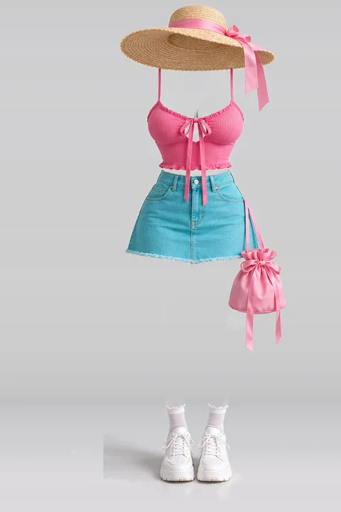 Pink ribbon camisole denim mini skirt