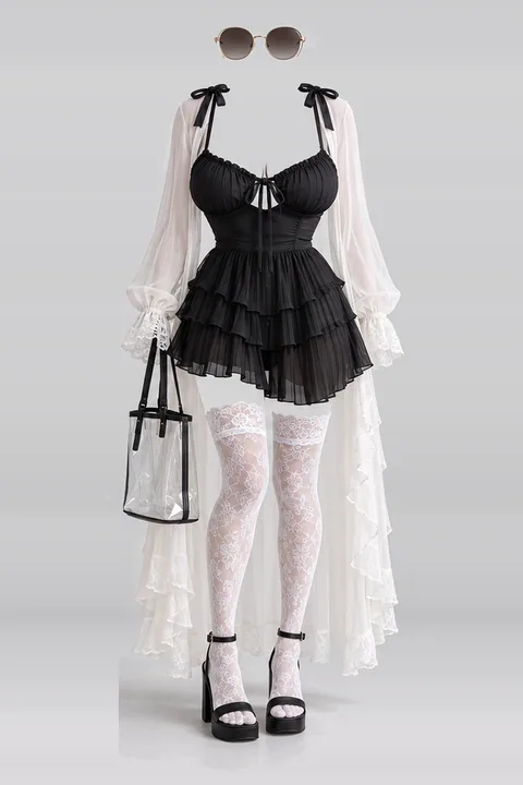 Black ribbon frill pleated dress cardigan