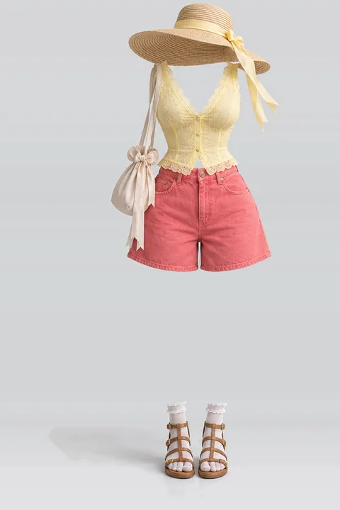黄色・レース・ブラウス・デニム・ショートパンツ・白