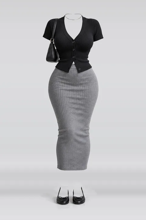 Black knit cardigan grey midi skirt