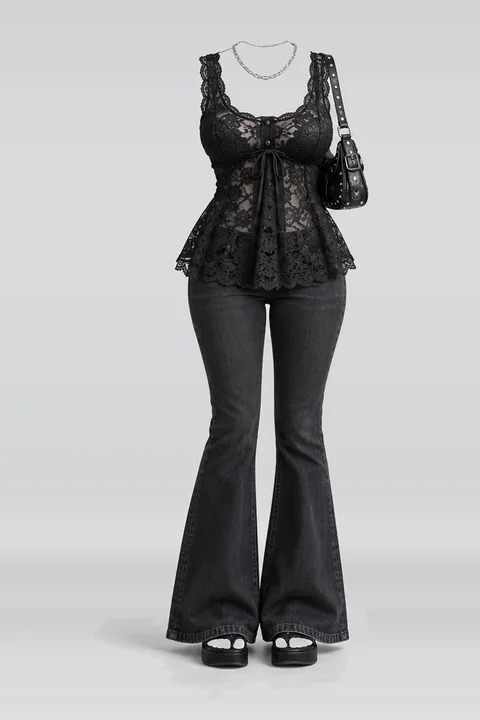 Black lace blouse jeans sandals bag