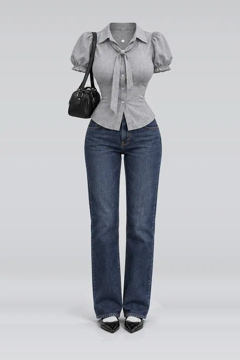 Grey blouse denim jeans black leather