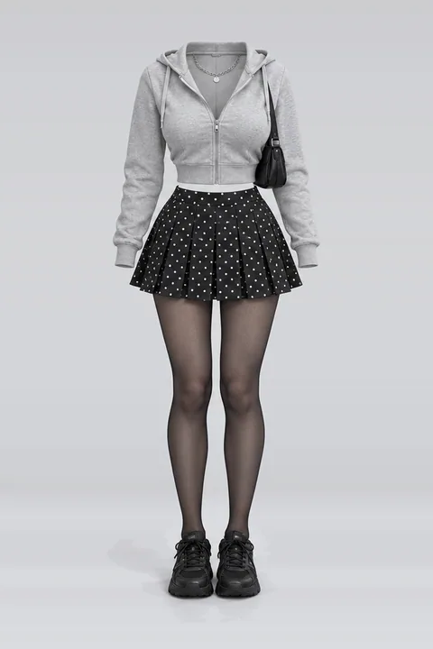 Grey hoodie black polka dot pleated mini