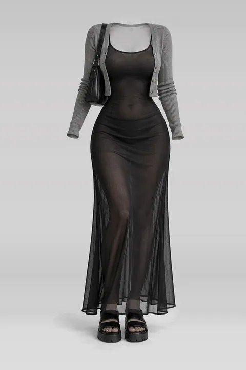 Black dress grey cardigan sandals leather