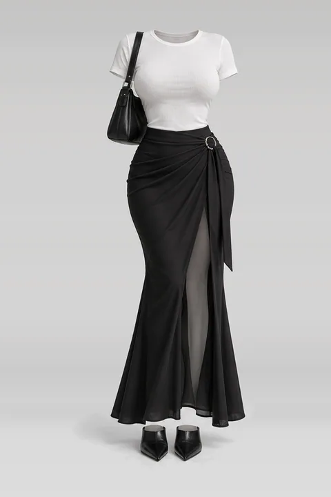White knit black maxi skirt leather