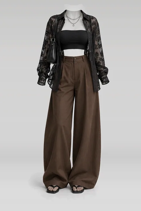 Black lace shirt brown pants sandals
