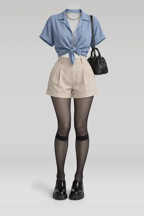 Blue shirt beige shorts black socks
