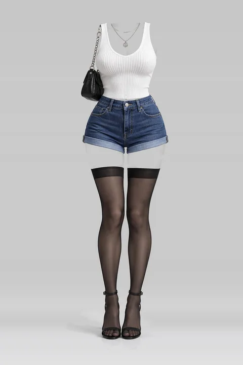 White knit denim shorts black stockings