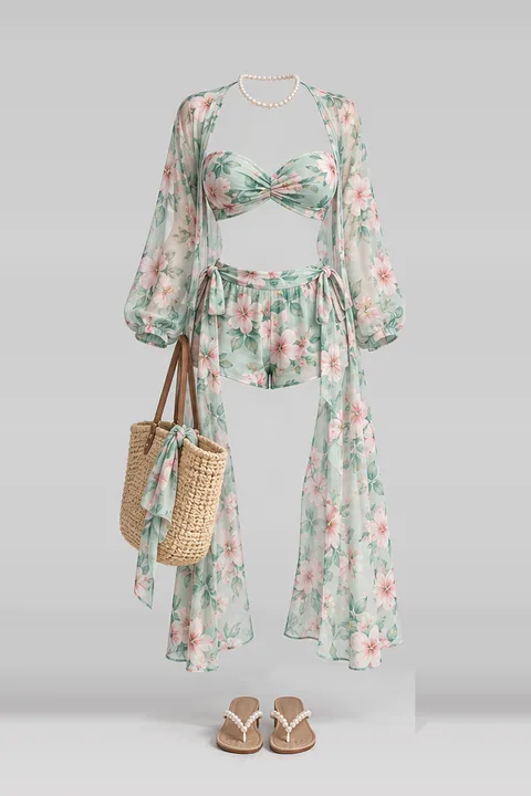 Mint floral pants cardigan sandals necklace
