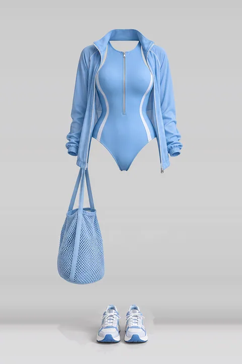 Blue swimsuit jacket sneakers mesh bag
