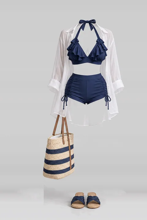 Navy frill shorts shirt sandals tote