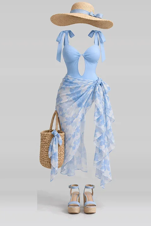 Blue swimsuit ribbon skirt sandals hat