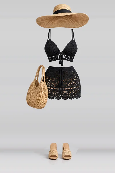Black knit mini skirt hat sandals
