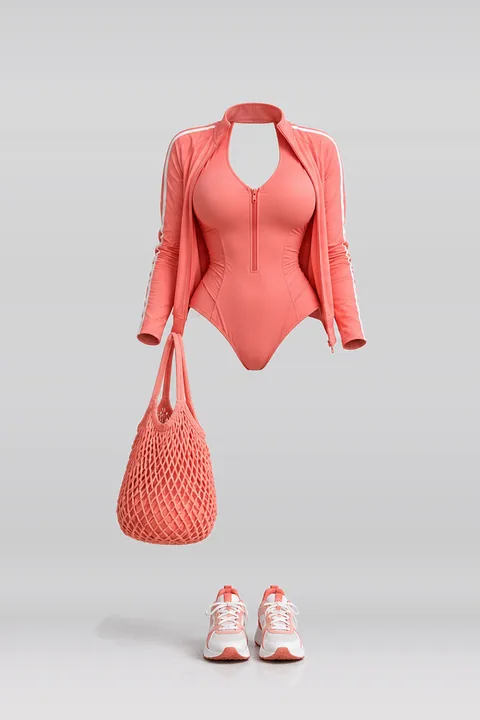 Swimsuit jacket sneakers mesh bag