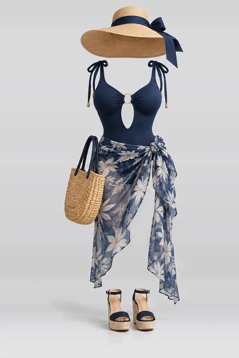 Navy swimsuit ribbon skirt sandals hat