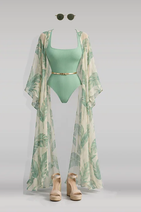 Mint swimsuit gold belt sandals sunglasses