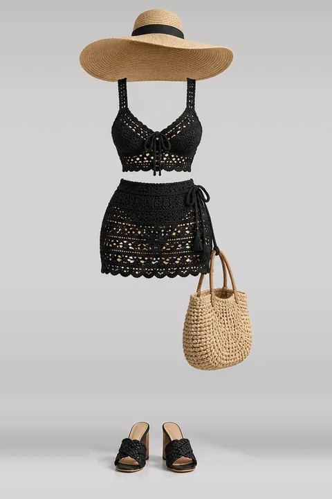 Black knit mini skirt hat sandals
