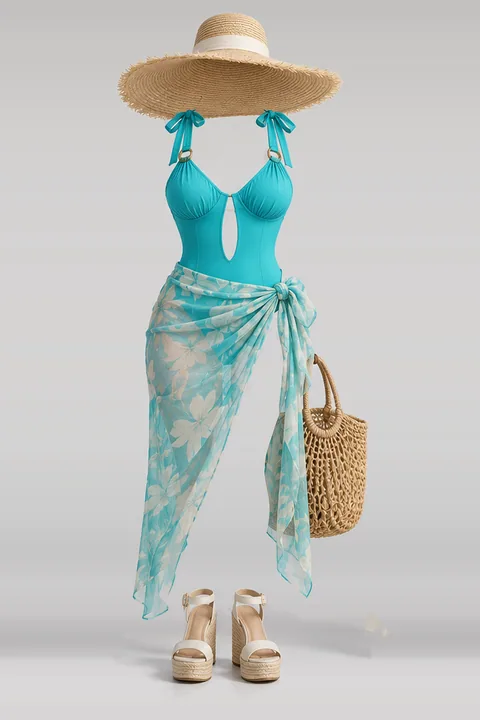 Swimsuit ribbon skirt sandals hat bag