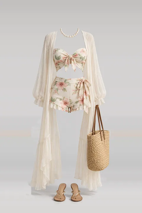 Cream floral pants cardigan sandals necklace
