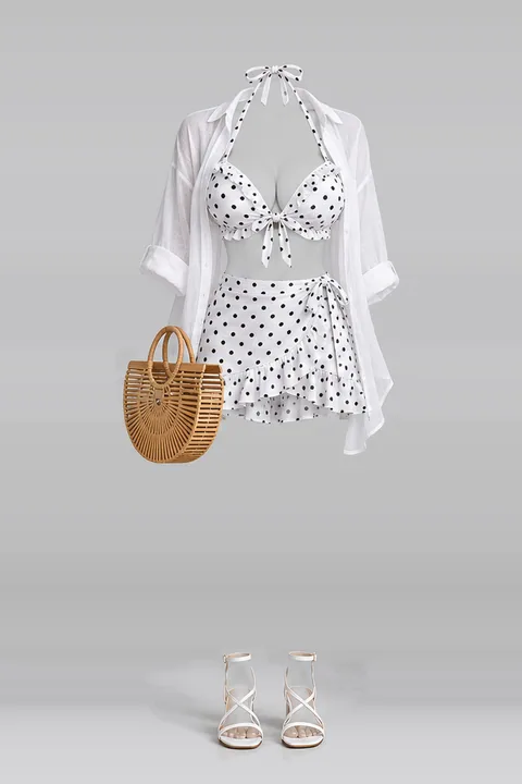 White polka dot frill skirt shirt sandals