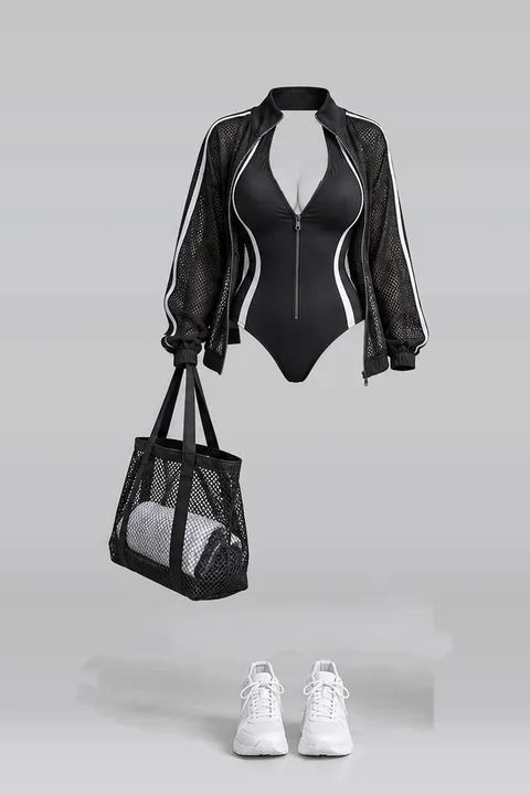 Black swimsuit jacket sneakers mesh bag