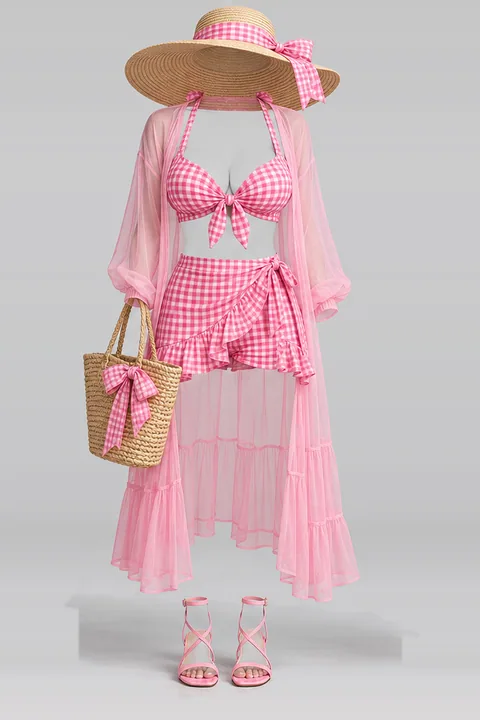 Pink mini skirt shorts cardigan sandals