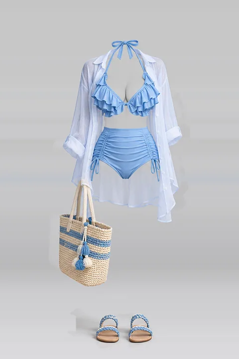 Blue frill shorts shirt sandals tote