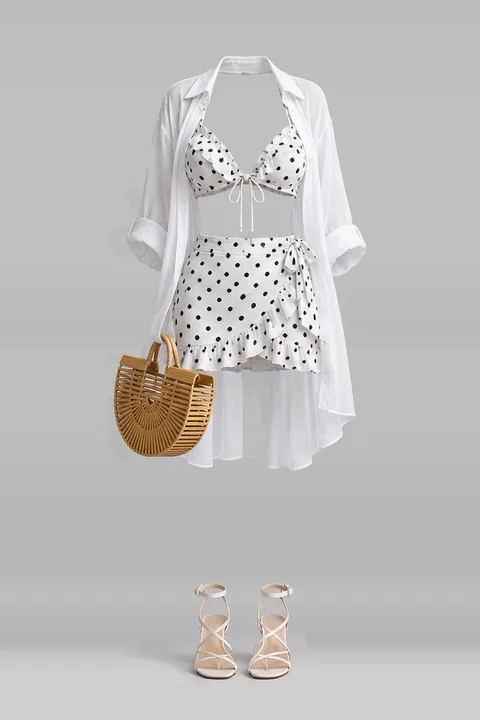 White polka dot frill skirt shirt sandals