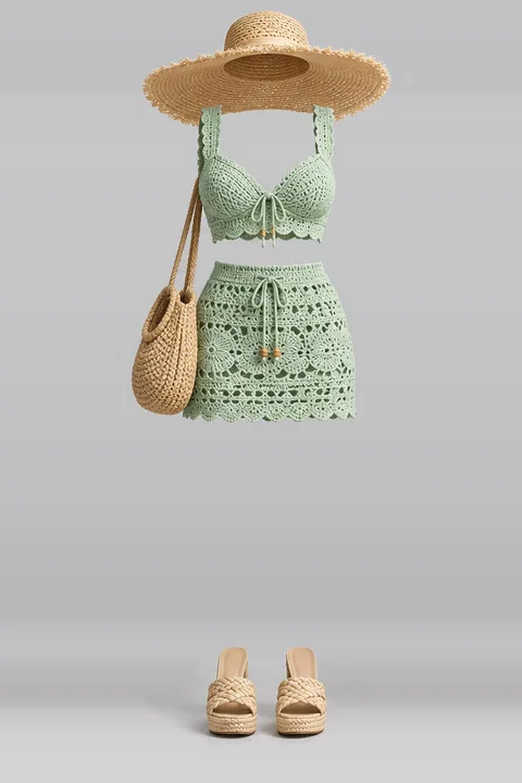 Mint knit mini skirt hat sandals