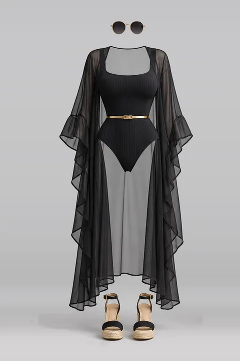 Black swimsuit gold belt sandals sunglasses