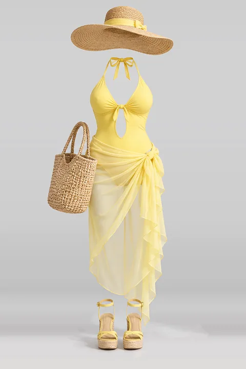Yellow swimsuit ribbon skirt sandals hat