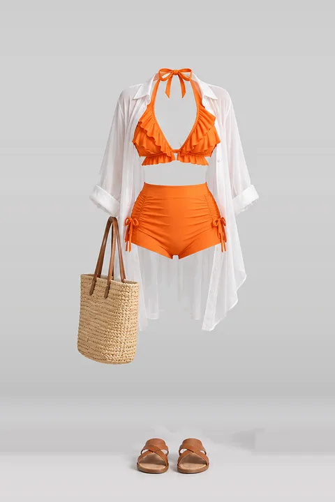 Orange frill shorts shirt sandals tote