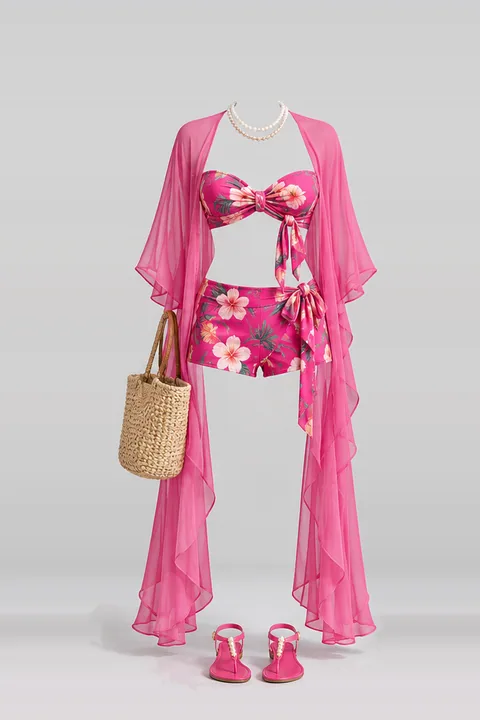 Pink floral pants cardigan sandals necklace