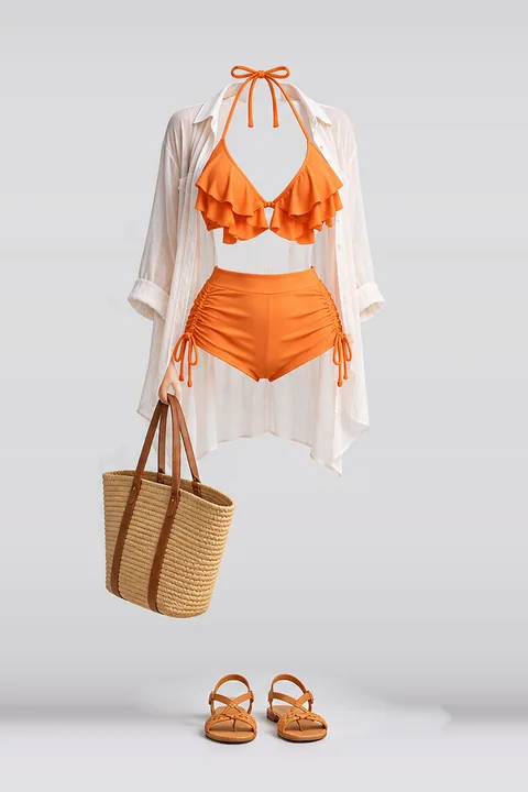 Orange frill shorts shirt sandals tote