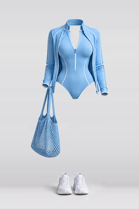 Blue swimsuit jacket sneakers mesh bag