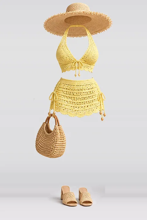 Yellow knit mini skirt hat sandals