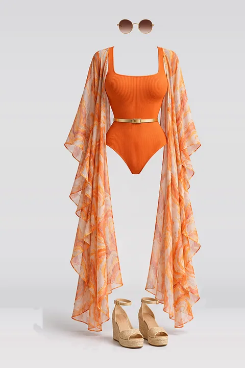 Orange swimsuit gold belt sandals sunglasses