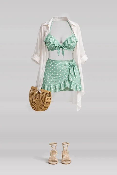 Mint polka dot frill skirt shirt sandals