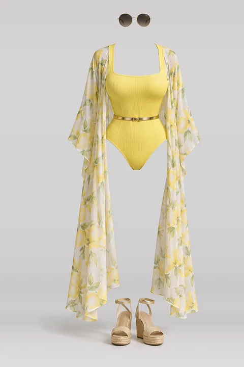 Yellow swimsuit gold belt sandals sunglasses