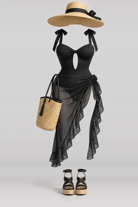 Black swimsuit ribbon skirt sandals hat