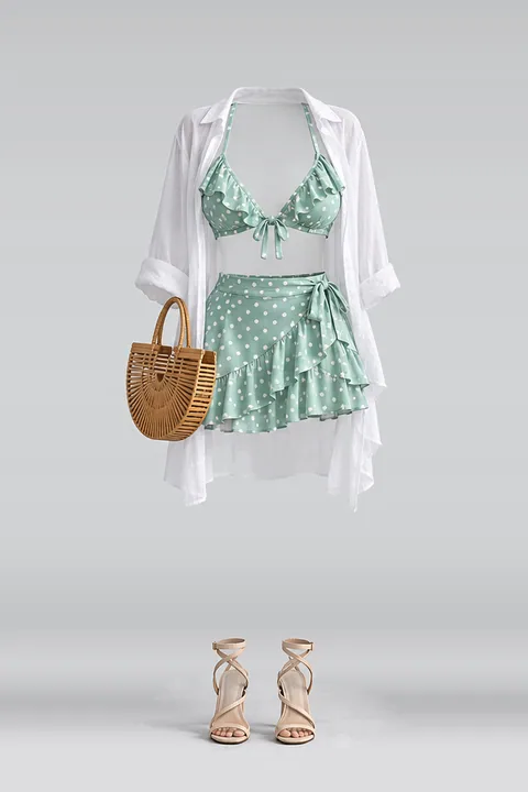 Mint polka dot frill skirt shirt sandals
