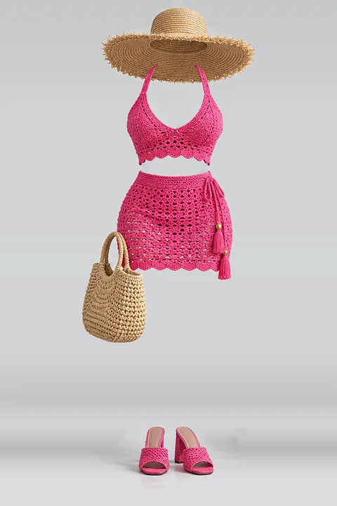 Pink knit mini skirt hat sandals