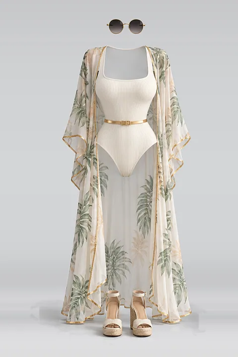 Cream swimsuit gold belt sandals sunglasses
