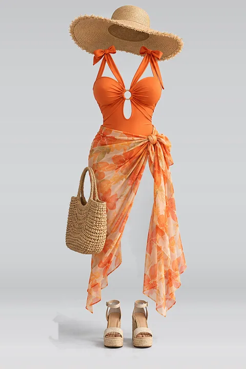 Orange swimsuit ribbon skirt sandals hat