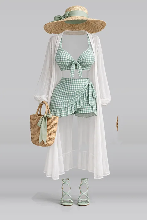 Mint mini skirt shorts cardigan sandals