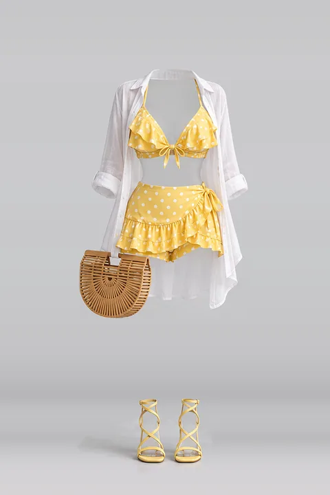 Yellow polka dot frill skirt shirt sandals